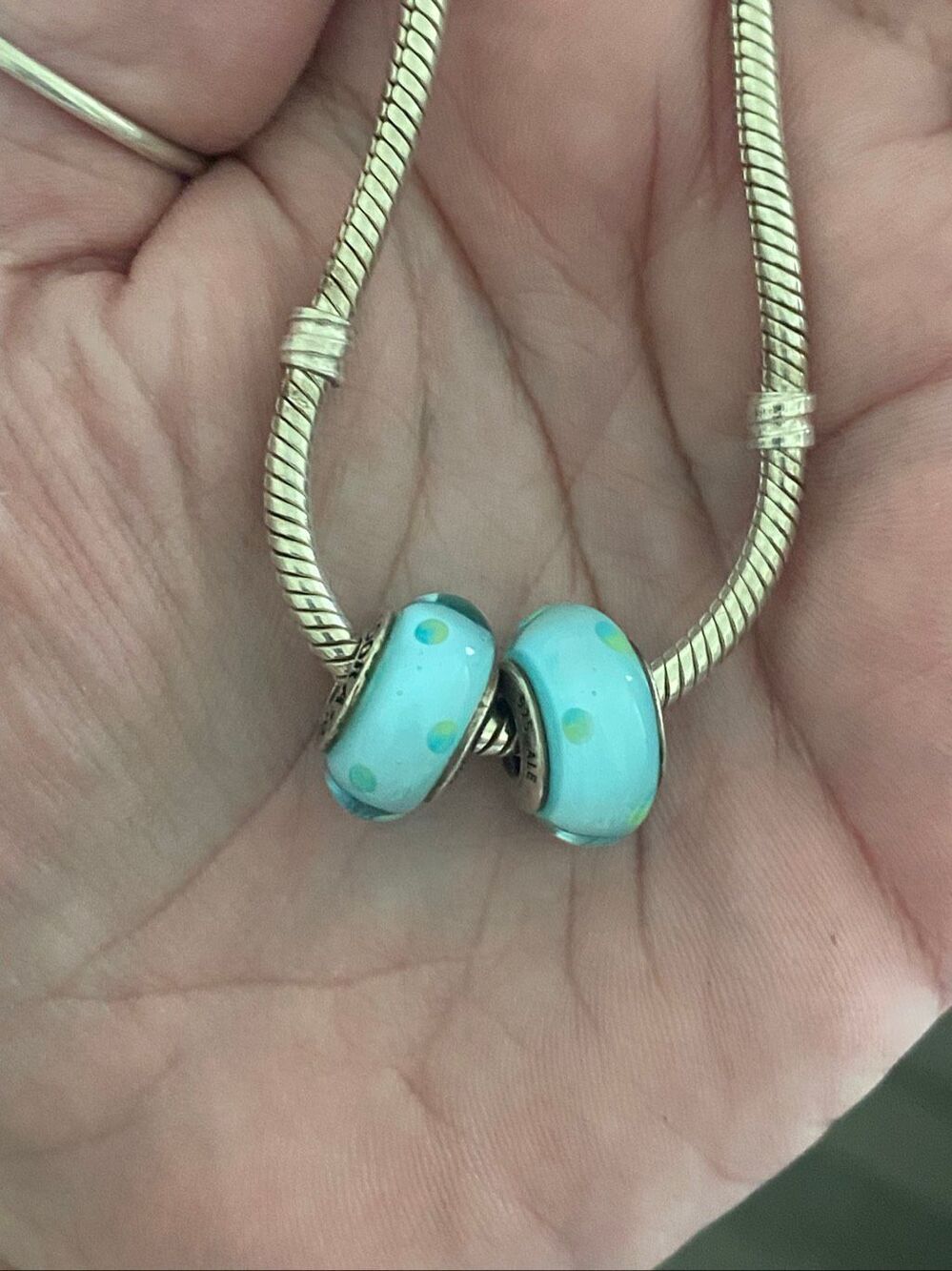 Authentic Pandora Retired Blue/Green Polka Dot Murano Glass Charm(2)